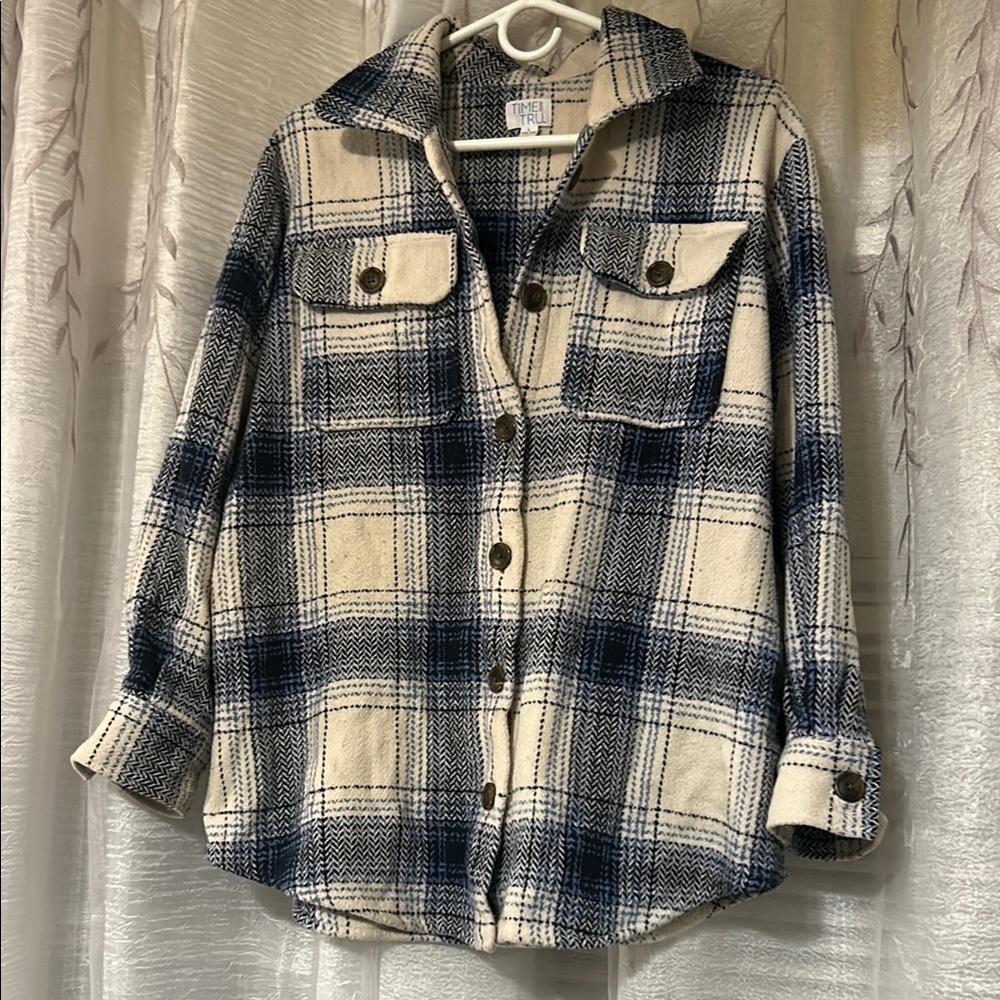 Plaid Button-Up Jacket - Blue and Cream